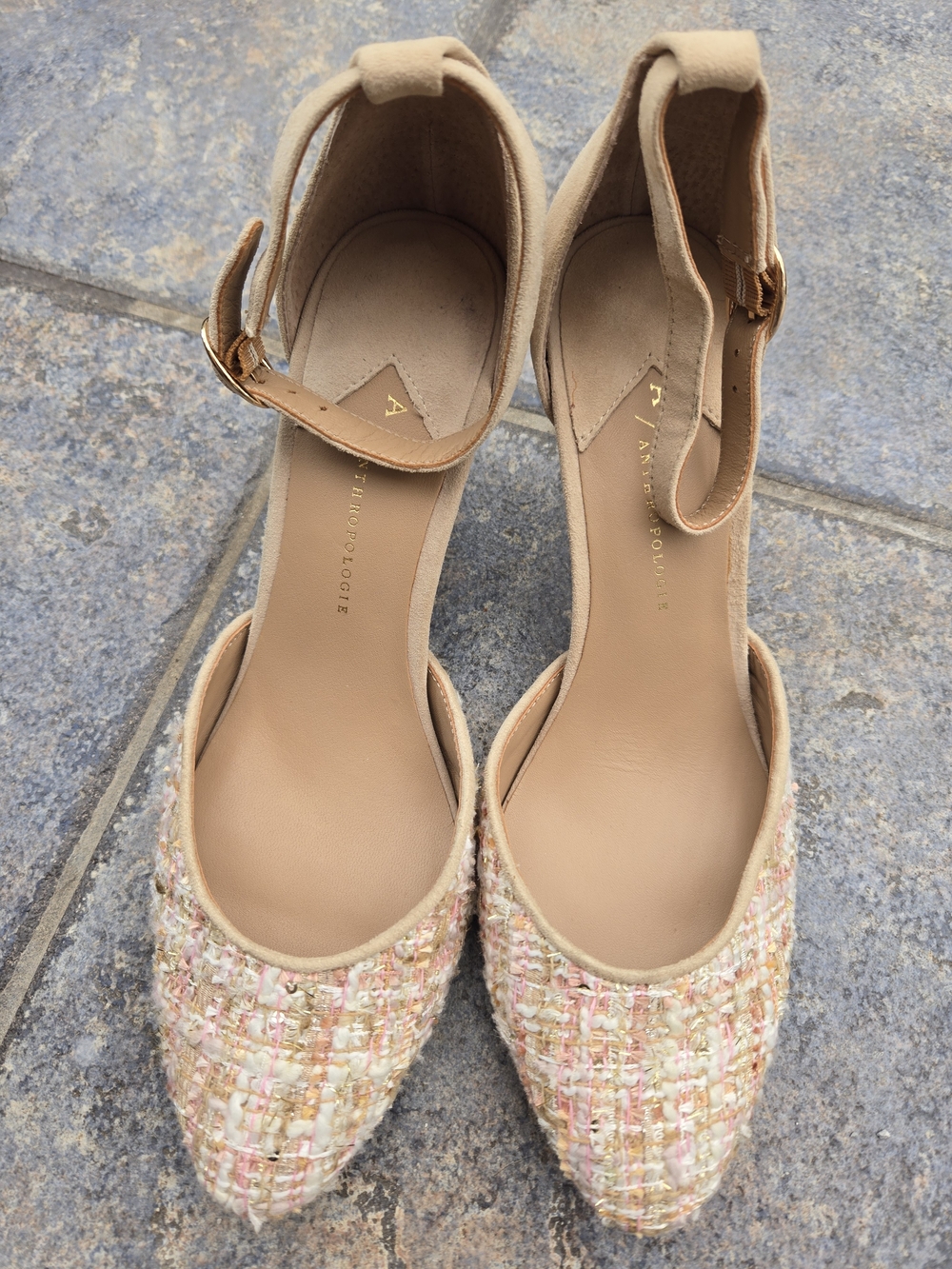 Anthropologie Pink Tweed Almond-Toe Ankle-Strap Pumps